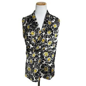 Ann Taylor Womens Size Petite 10 Black Yellow Floral Sleeveless Blouse Satin